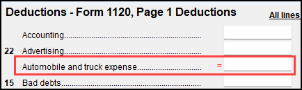 Image of "Automobile and truck expenses" field on screen DED